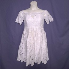 Womens Boohoo Dress SZ 8 White Floral Fit and Flare Off Shoulder