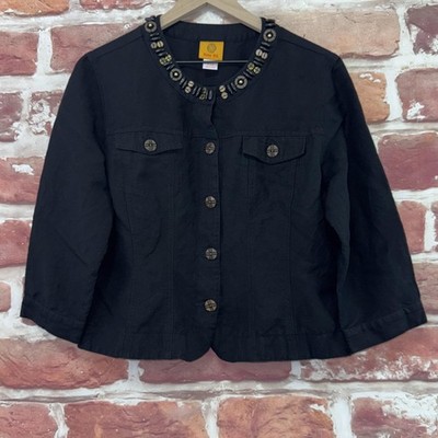 Ruby Rd Top Womens 14 Black Linen Blend Beaded Neck Button Front Shirt