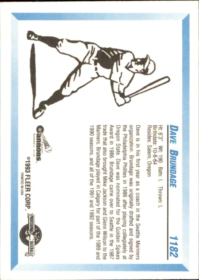 Dave Brundage 1993 Fleer ProCards #1182 RC Calgary Cannons *AutographDen* - Image 2 of 2