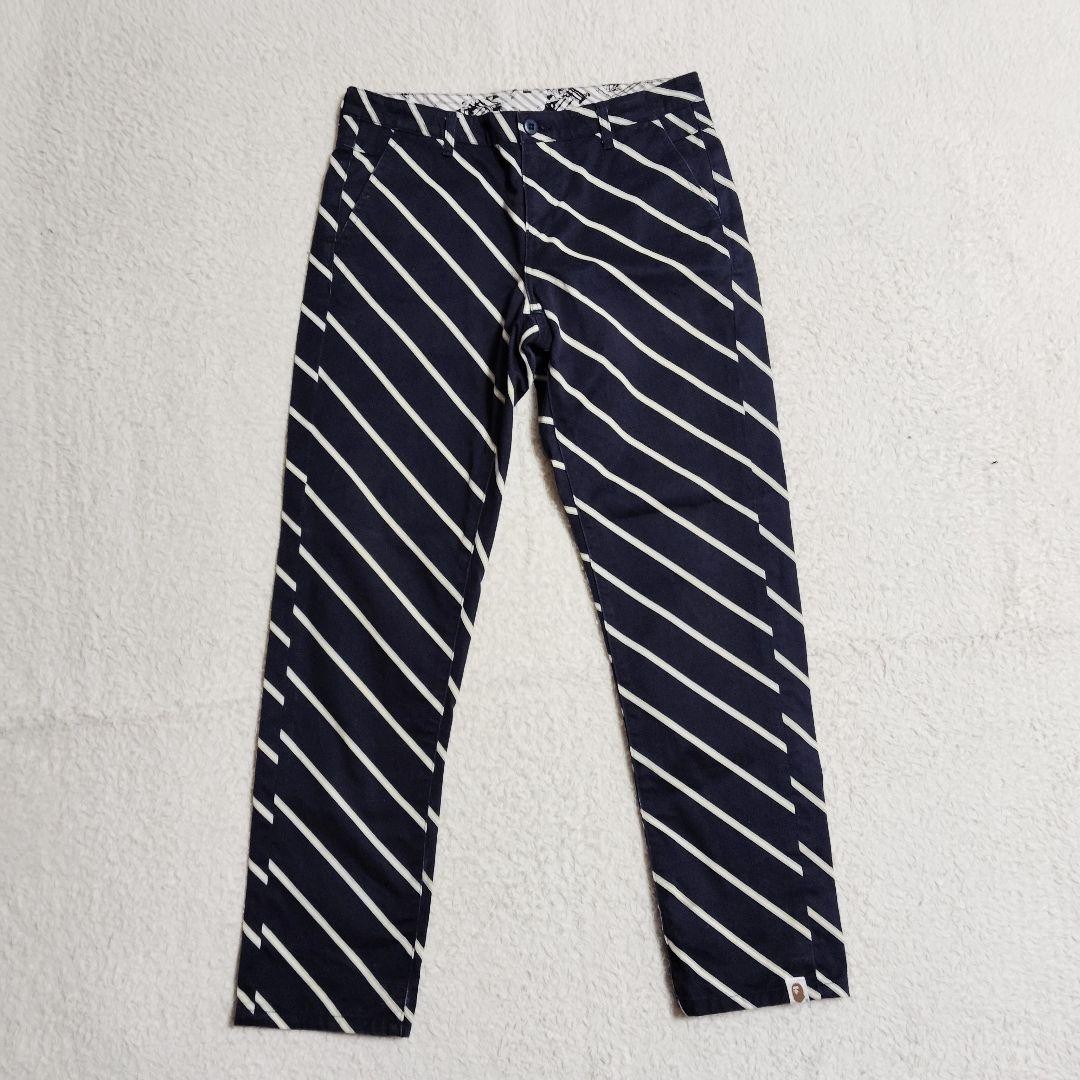 A Bathing Ape Cotton Diagonal Striped Pants Navy/White XS Waist 79cm thumbnail 4