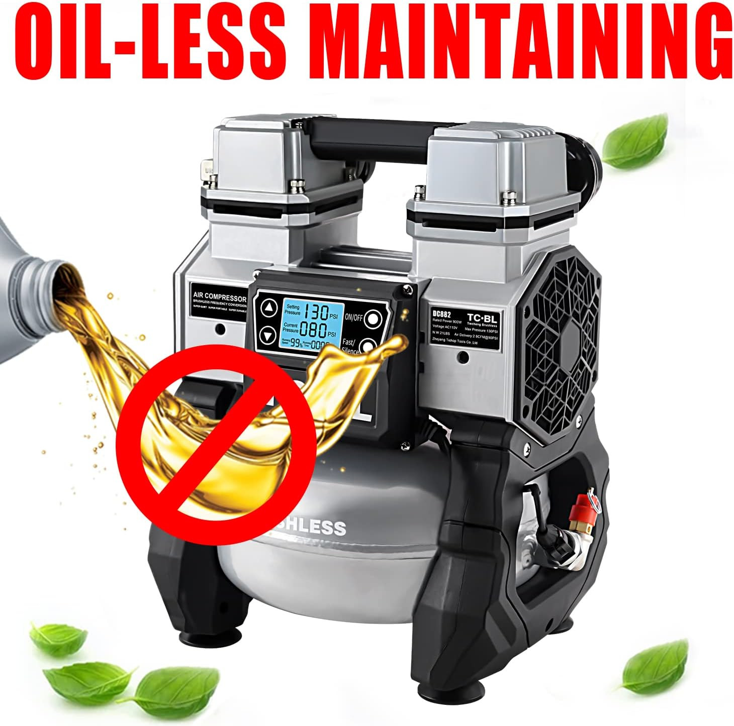 Compact 110V Quiet Air Compressor with 5L Aluminum Tank - Oil Free & Lightweight