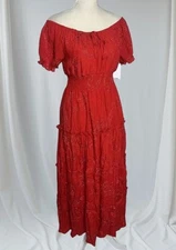Anthropologie Kindred 2X Floral Silver/ Red Embroidered Tiered Maxi Dress