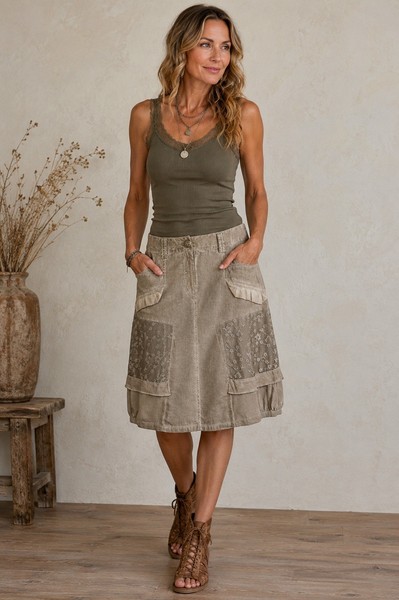 Dolcezza Michael Phillips Lace Patchwork Bubble Hem Skirt Boho Taupe M Lagenlook
