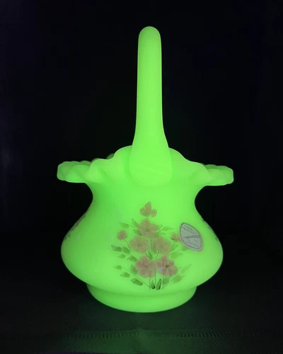 Fenton Hand Painted Custard Glass Basket - Dogwood Pattern - Uranium GLOWS!!