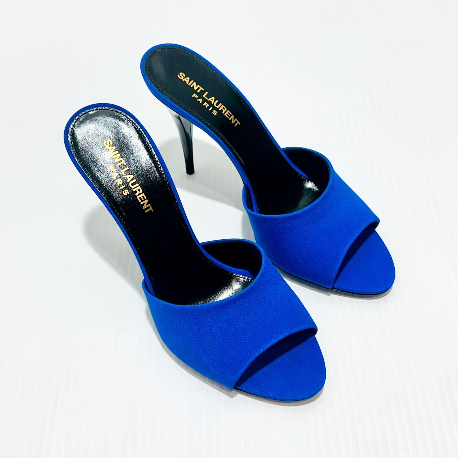 Sandali Saint Laurent LA 16 38 US 8 mules blu royal seta punta aperta nuovi con scatola