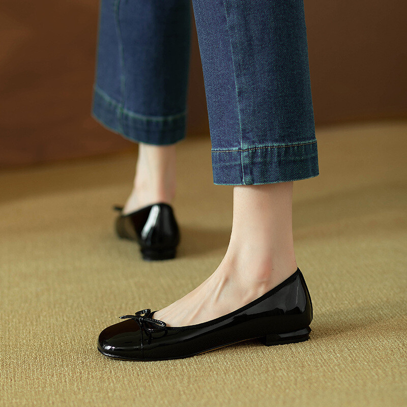 Women Square Toe Slip On Summer Bows Patent Leather Flat