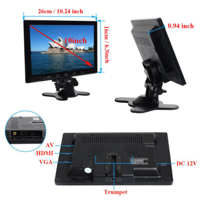 10.1'' LCD CCTV PC Monitor Screen AV/VGA/HDMI 1080P W/Speaker for DSLR Raspberry