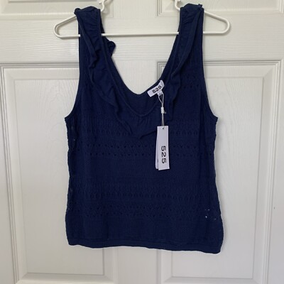 525 Born In Brooklyn Tank Top Midnight Navy Blue Women s Large Open Knit NWT