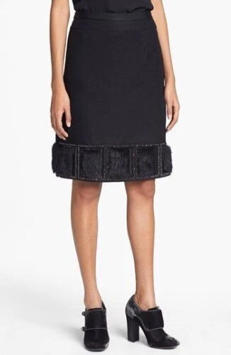 Tory Burch BeccaVintage Women Black Wool Skirt w Shearling Lamb Trim Size 6 New