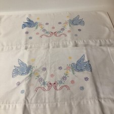Vintage Pair Stamped Embroidery Pillowcases Bluebirds Floral