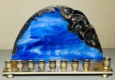 Vintage Nima Hod Israel Handmade Silver/Gold Plated Stained Glass Fused Menorah