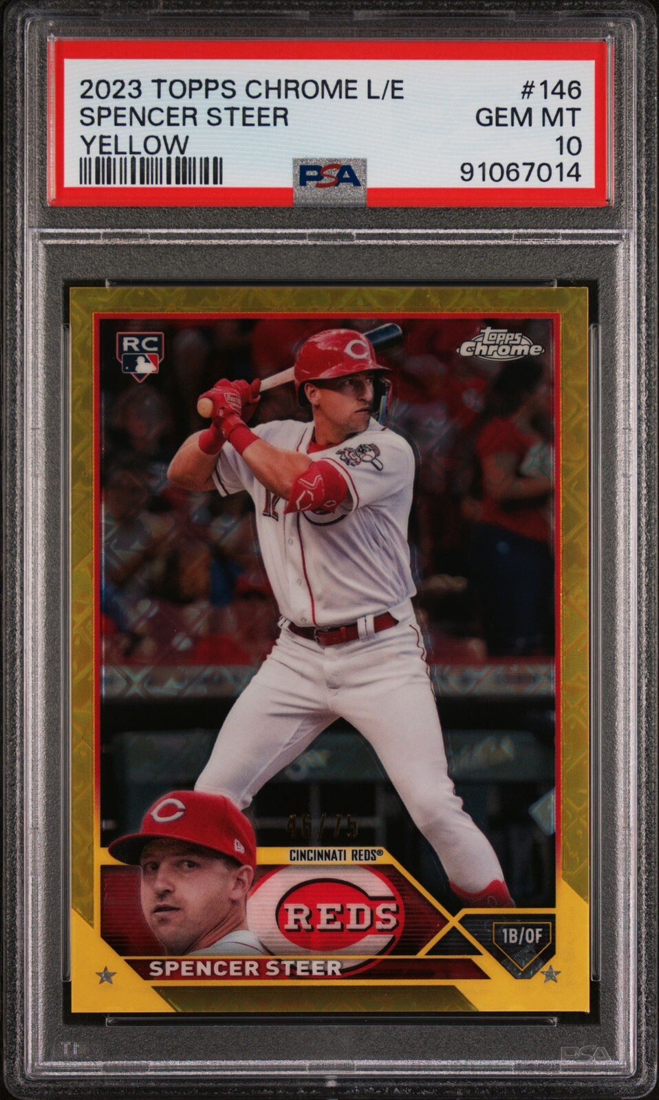 2023 Topps Chrome Logofractor #146 - Spencer Steer Yellow Rookie (RC) /75 PSA 10