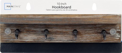 10 Inch Wooden Hookboard with Shelf, 4 Metal Hooks, Includes Mounting Hardware, 