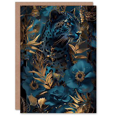 Grußkarte eleganter Gepard mit blau gold Dschungel Blumen Geburtstag