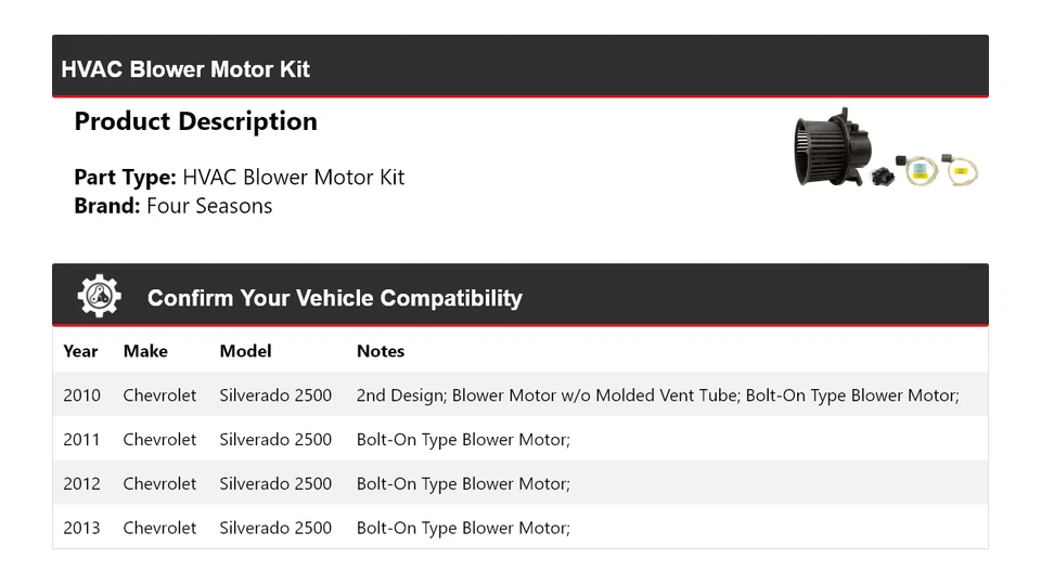 Kit de motor soprador 4 temporadas 2011 2012 Chevrolet Silverado 2500 HVAC para 2010-2013 - Imagem 2 de 3