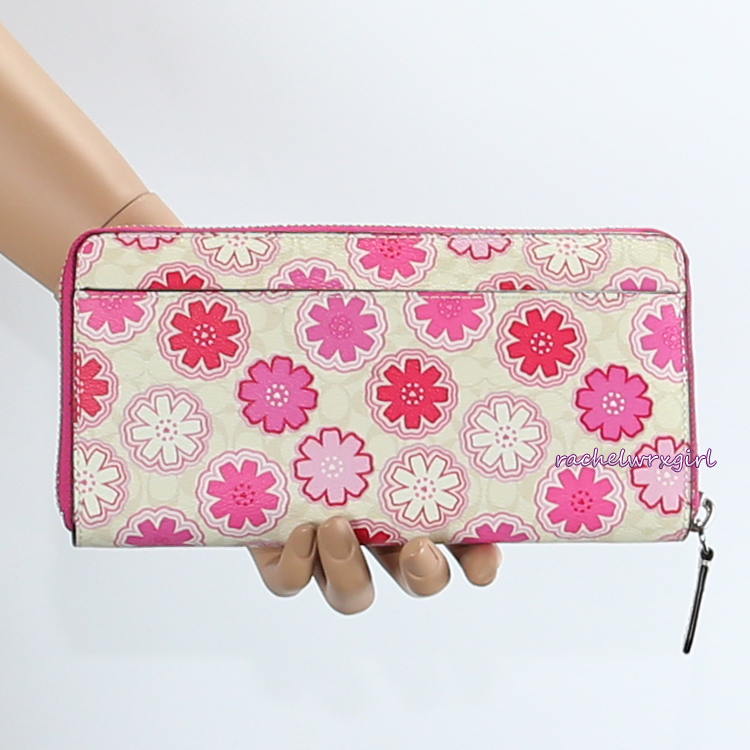 NWT Coach Signature Floral Print Accordion Zip Wallet F50672 Pink