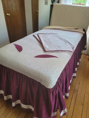 1940s-50s Velvet & Quilted Blush Ivory Satin Twin Bedspread Covers & Shams, Pair