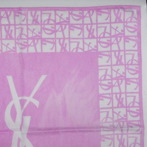HK87- YSL Yves Saint Laurent White Logo Handkerchief Pink Cotton Scarf 22.5"x22" - Picture 3 of 13