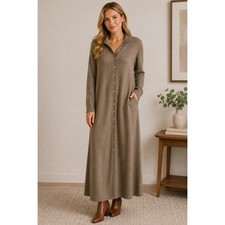 Zara Maxi Sweater Dress Womens M Tan Knit Button Front Collared Long Sleeve