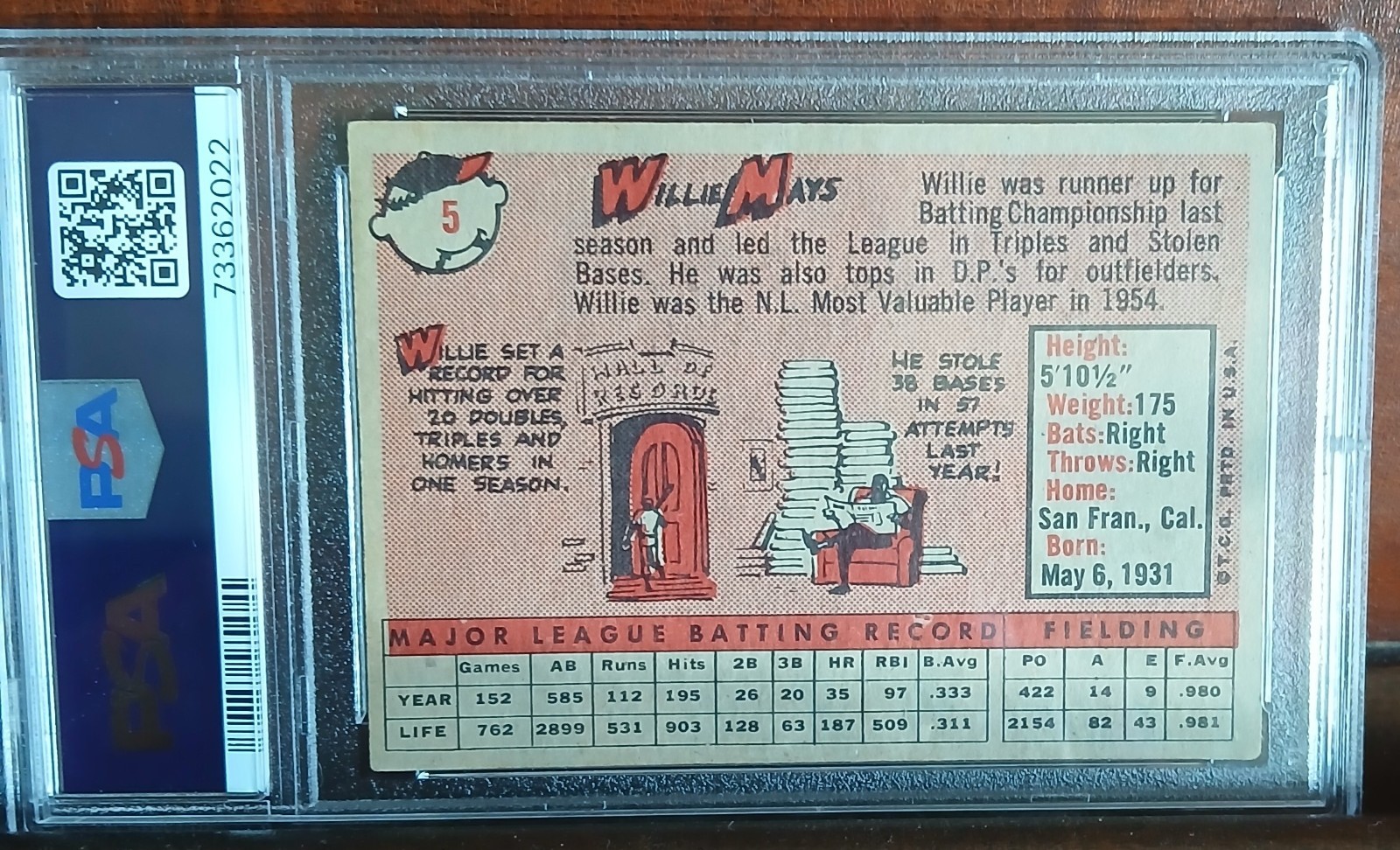 1958 Topps San Fran. Giants Willie Mays #5 PSA 5 EX, nice centering and color view 5