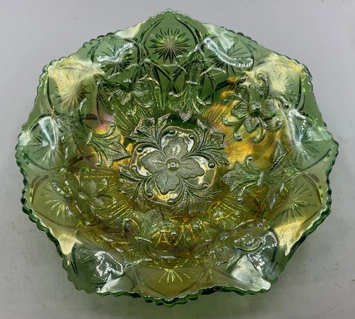 SUPER VINTAGE CARNIVAL MILLERSBURG FLEUR DE LIS RUFFLED BOWL “RADIUM IRIDESCENCE