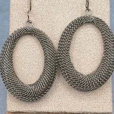 Vintage Large Woven Gunmetal Silver Tone Mesh Dangle Fashion Oval Hoop Earrings