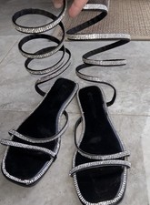 Women  s Black Rhinestone Wrap Around Sandals Sparkly Strappy Open Toe Size 8
