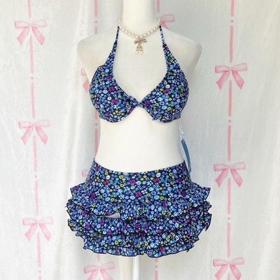 Blue Ruffle Bikini Set 3 Piece Babydoll Swimsuit NWT Japan Import Coquette