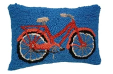 Red Bicycle Wool Hooked Throw Accent Pillow 12x8 Bike Cottage Folk Art