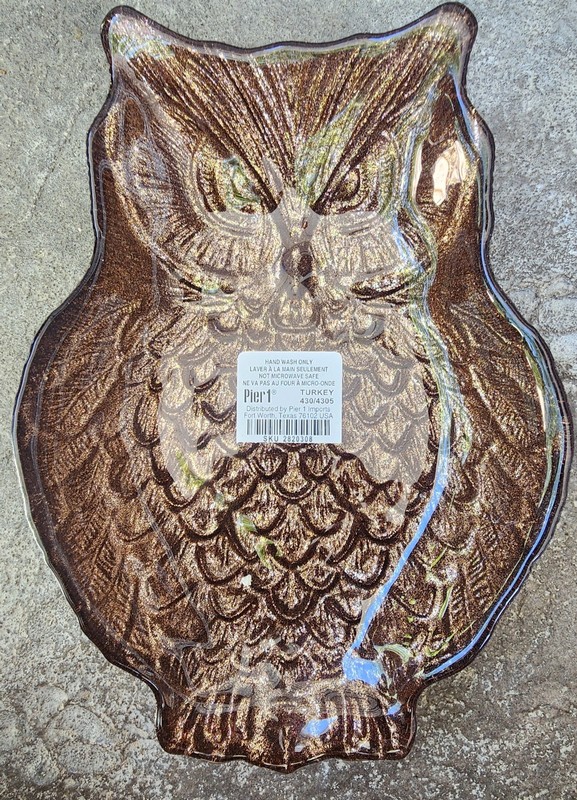Pier One Glass Owl Reverse Painted Gold Metallic 8"  Trinket Dish