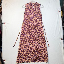April Cornell Vintage Floral Rayon Dress Small Purple Yellow Button Front Midi