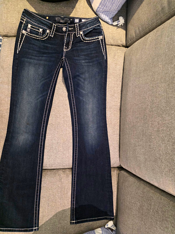 Miss Me Bootcut Jeans Dark Wash Blue Denim Slim Low Rise Stretch Embroidered