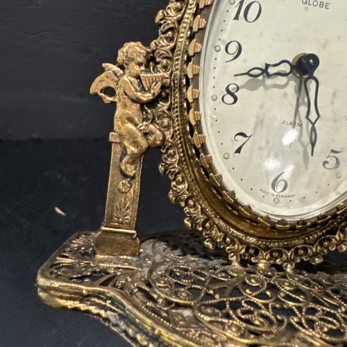 VTG Globe Brass Mantel Clock Ornate Gold Germany Alarm Cherubs Works -For Parts - Picture 3 of 9