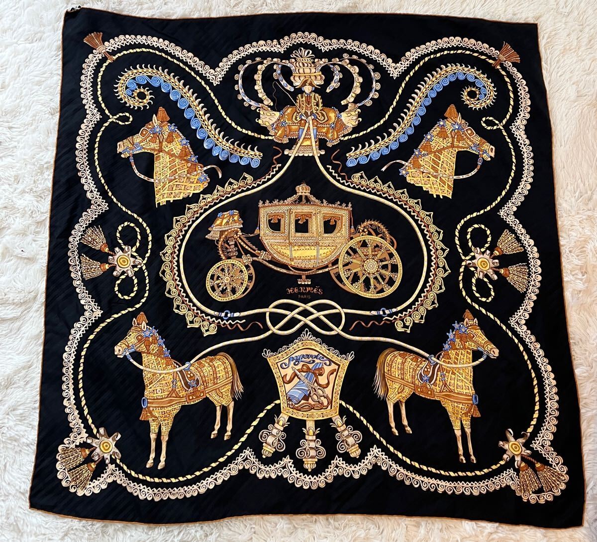 HERMES Carré 90 Paperole Carriage Nobles Silk Scarf 100% Silk PFI825