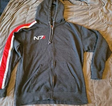 L Large Mass Effect N7 Bioware Full Zip Hoodie Grey Red White Stripes Mens 2015