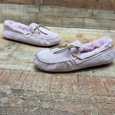 UGG Slippers Womens Size 7 38 Pink Suede Shearling Lined Moccasin Bow Shoes