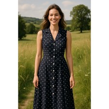 Vintage 90s Black Polka Dot Sleeveless Maxi Dress Button Front Collared Church