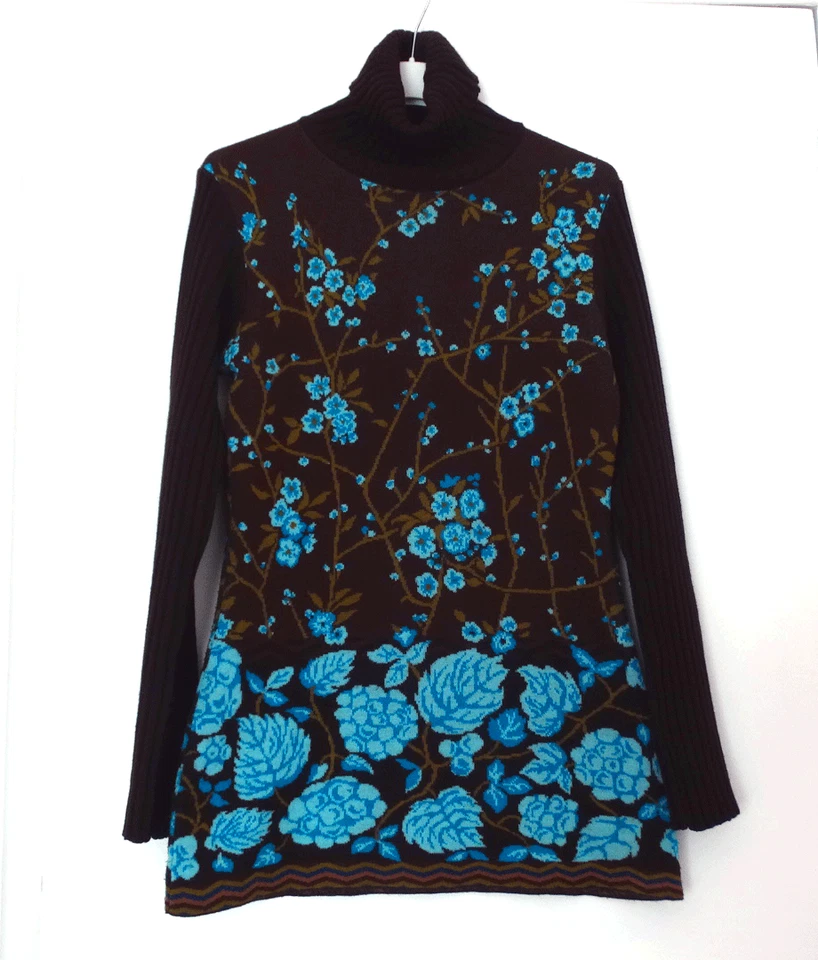 KENZO, pull-over en tricot vintage fleurs de cerisiers sur fond marron taille L - Photo 1/4