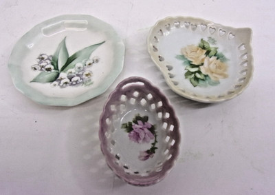 (3) Early 1900's hand-painted porcelain decorative trinket dishes.