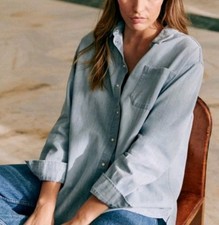 SEZANE Max Shirt Mother of Pearl Snap Light Wash Denim Button Down Size 32 