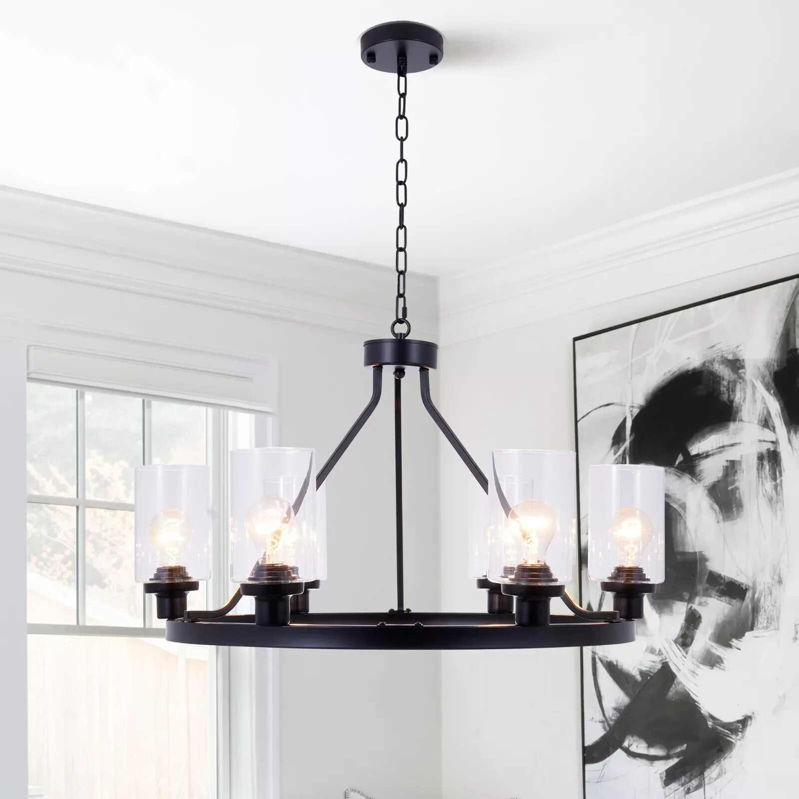 Retro Wagon Wheel Chandelier 6-Lights Glass Pendant Lamp Hanging Ceiling Fixture