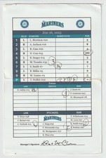 6-26-15 Seattle Mariners - Game Used Lineup Card - Robinson Cano & Nelson Cruz