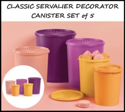 Tupperware CLASSIC SERVALIER DECORATOR CANISTER SET of  5 Multicolor ~ BRAND NEW