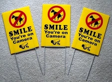 3 NO DOG POOP - SMILE YOU'RE ON CAMERA 8"X12" Plastic Coroplast Signs w/Stakes y
