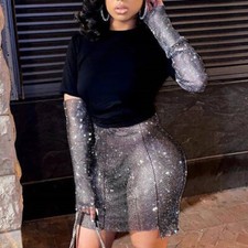 Mesh Rhinestones Fingerless Gloves Sleeve Long Fishnet Crystal Party Bling Shiny