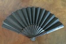 Antique Victorian Lady's Hand Fan Mourning Black Paper  Ebonized Wood 19th c.