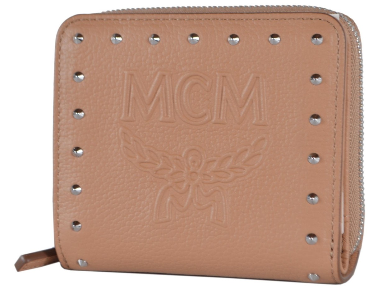New MCM Biscuit Beige Leather Studded Visetos Logo Small Zip