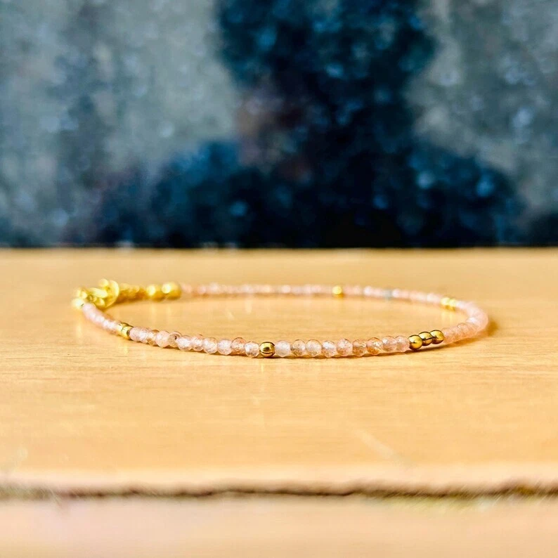 Pulseiras feitas à mão 6-8"" contas redondas facetadas pedra preciosa folheadas a ouro 2-3 mm pedra do sol 6-8"" - Imagem 4 de 4