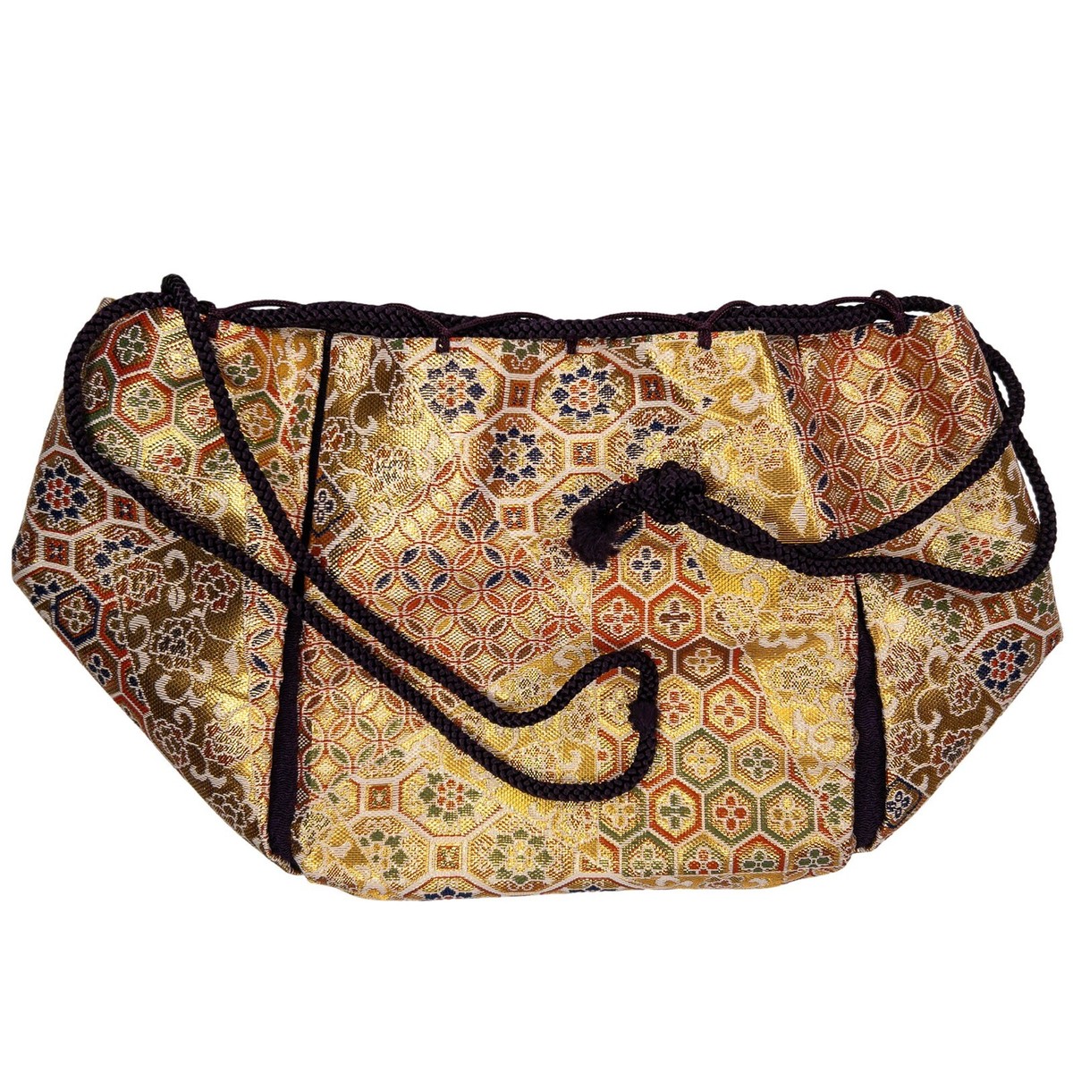 Vintage Golden Brocade Fabric Kinchaku Bag for Kimono