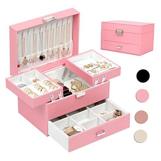 Pink PU Leather 3-Layer Jewelry Organizer Box for Women & Girls-image